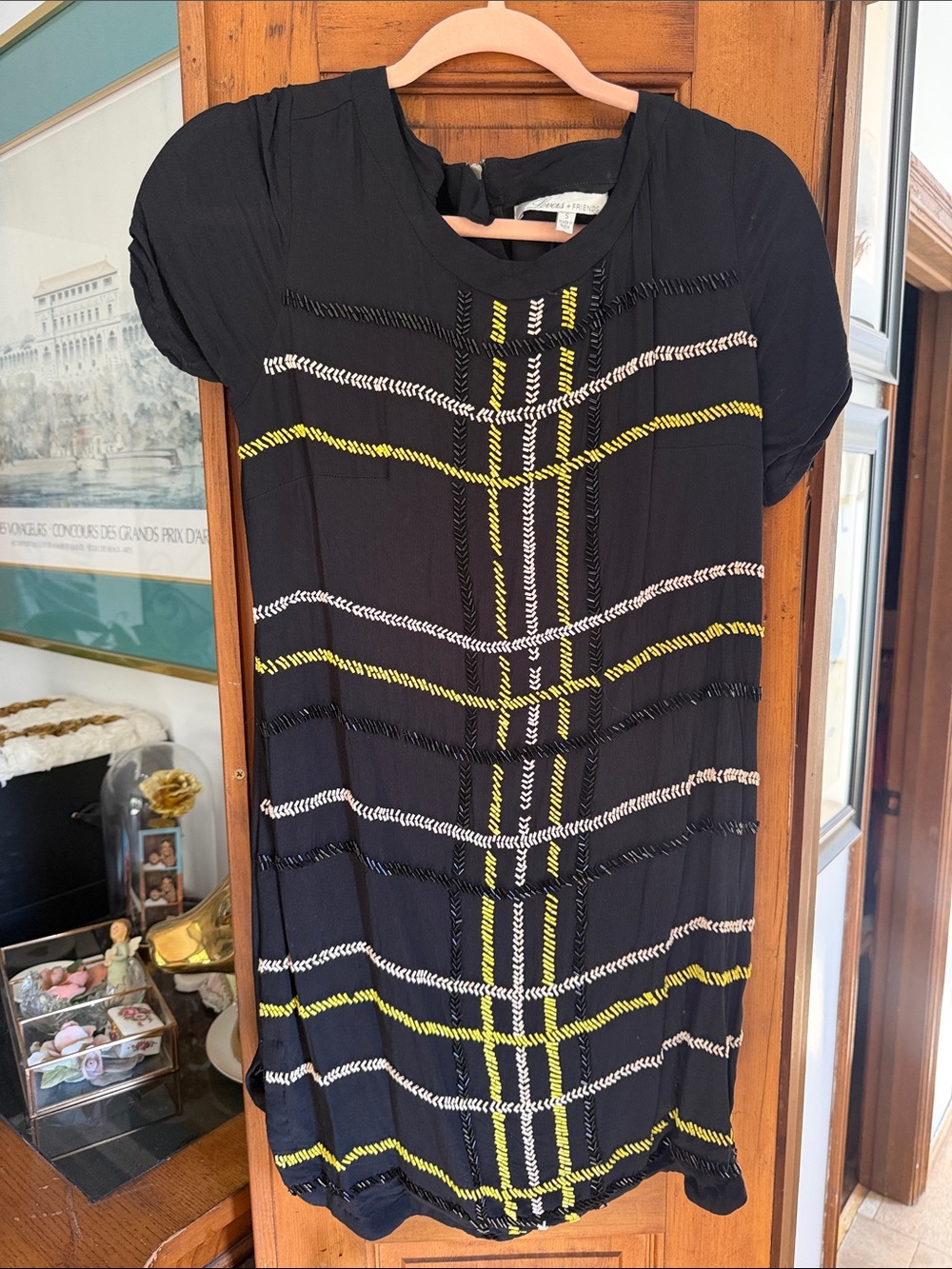 Lovers + Friends Black Mini Dress with Yellow & White Plaid Stitching